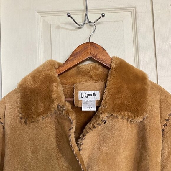 Vintage Womens Tan 100% Leather Faux Fur Trim Patchwork Penny Lane Coat Large - Picture 5 of 8